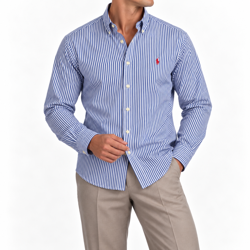 Cămașă Polo Ralph Lauren slim fit / logo roșu / bumbac / dungi navy inchis