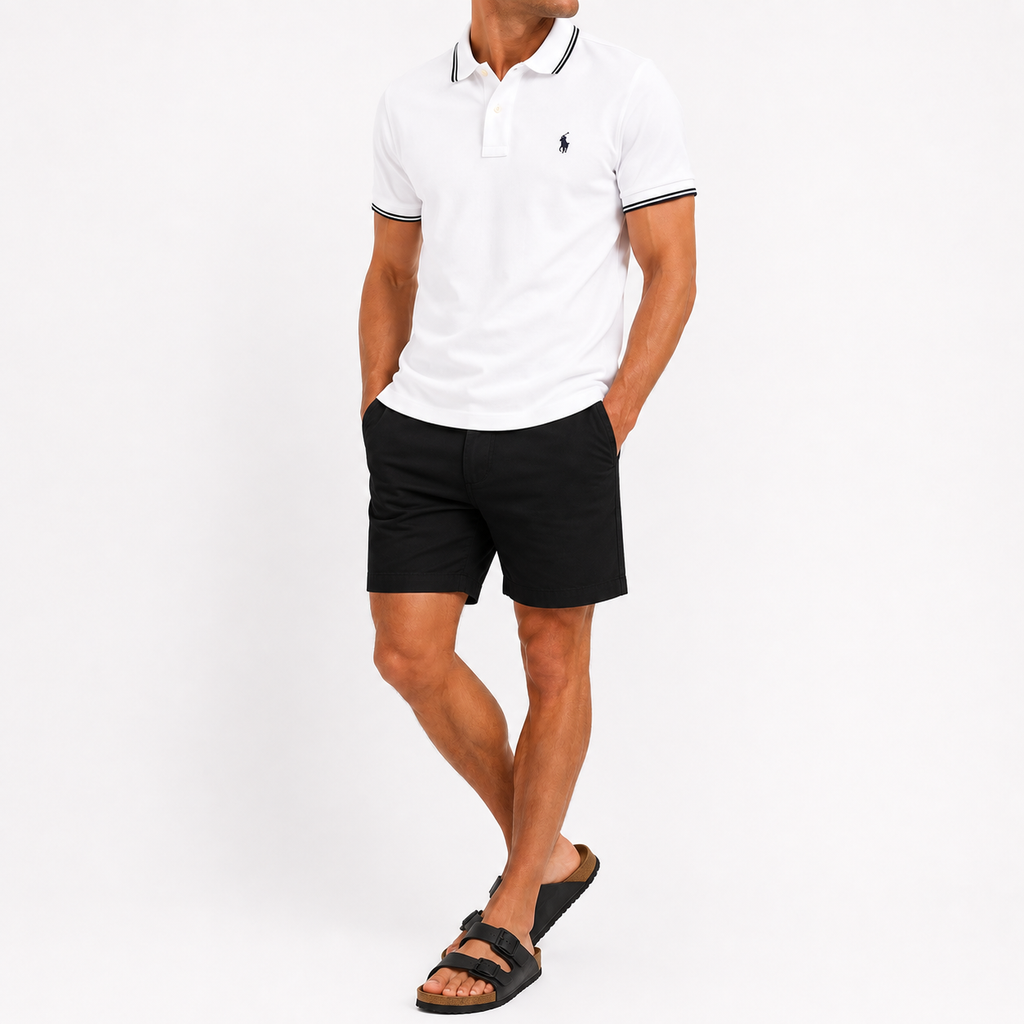 Tricou polo Polo Ralph Lauren clasic / custom slim fit / alb, dungi negre