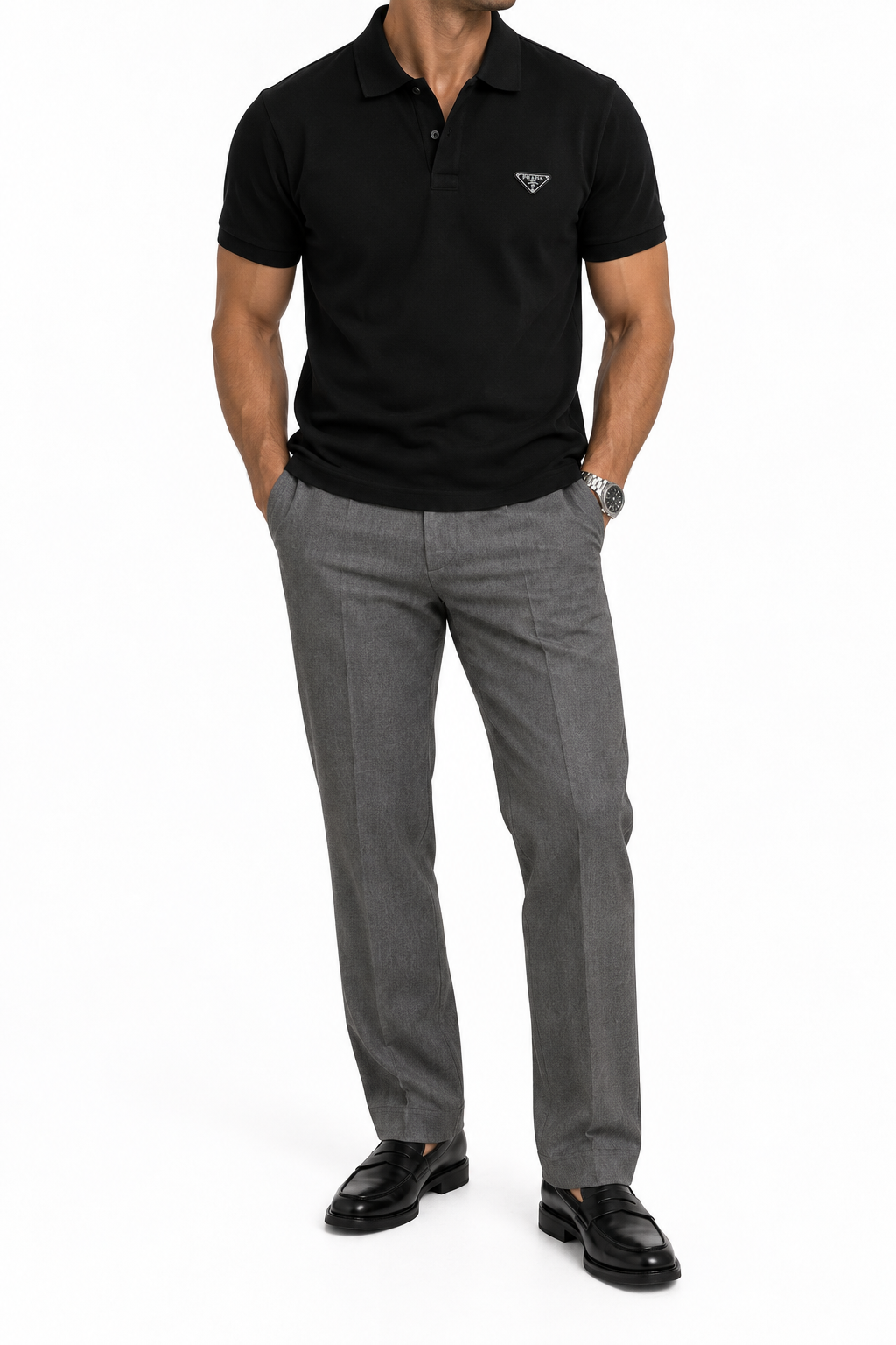 Tricou Prada pique polo / negru / logo metalic