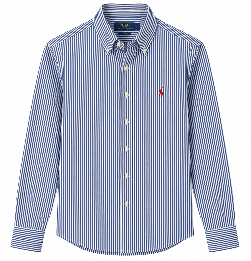 Cămașă Polo Ralph Lauren slim fit / bumbac / logo roșu / dungi albastru deschis / alb
