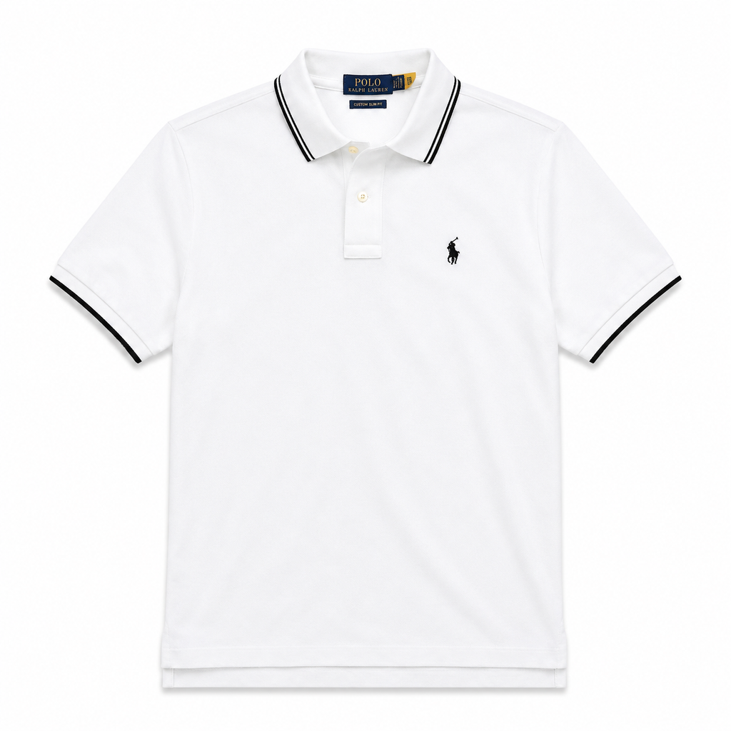Tricou polo Polo Ralph Lauren clasic / custom slim fit / alb, dungi negre