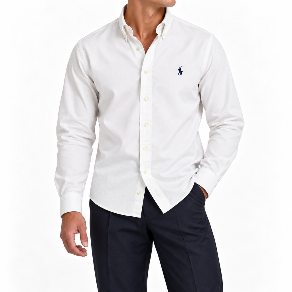 Cămașă Polo Ralph Lauren slim fit / logo albastru / alb / bumbac