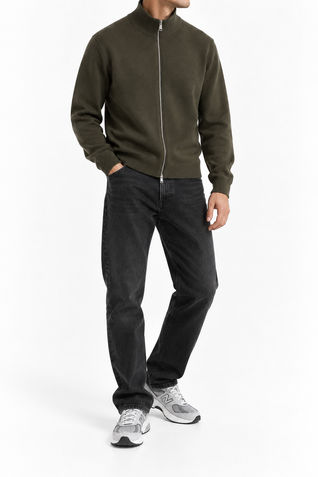 Wool zip sweater in khaki / military green