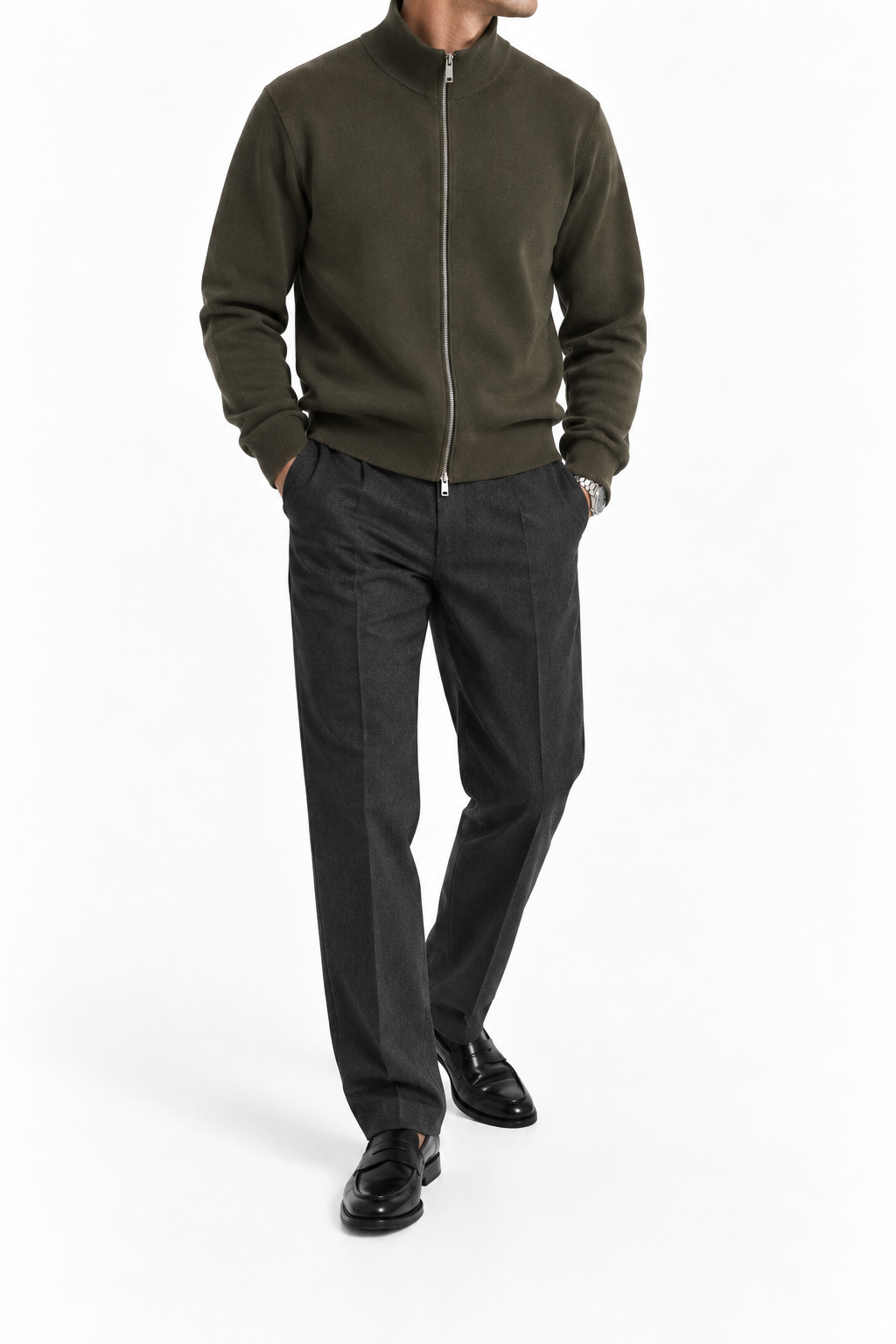 Wool zip sweater in khaki / military green