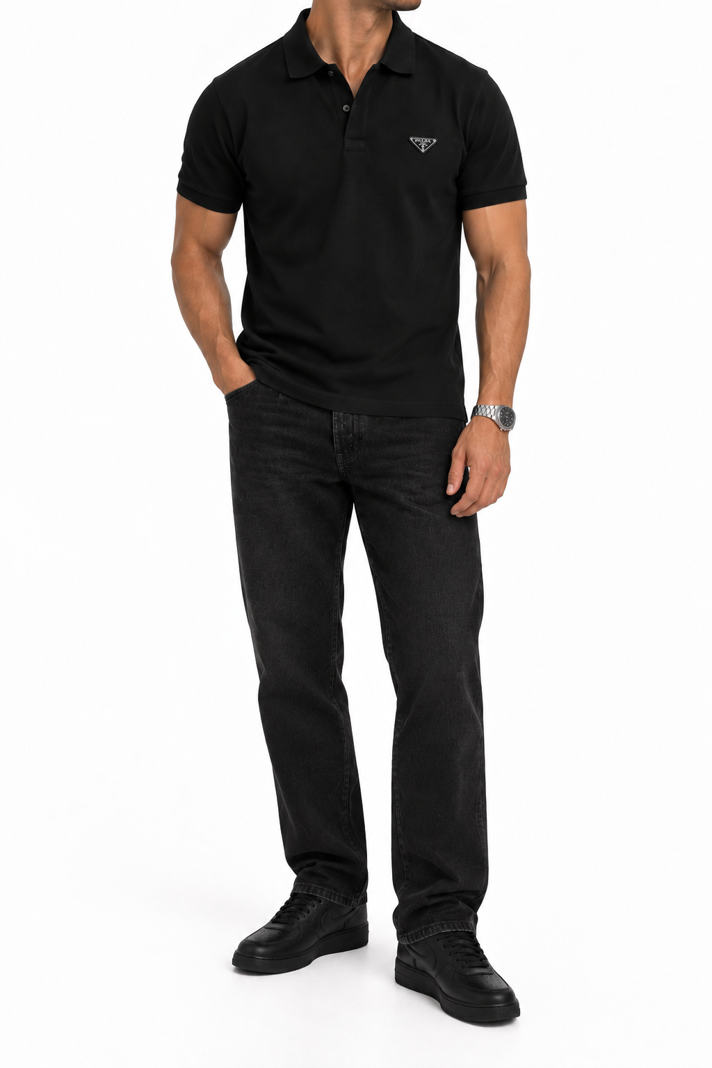 Tricou Prada pique polo / negru / logo metalic
