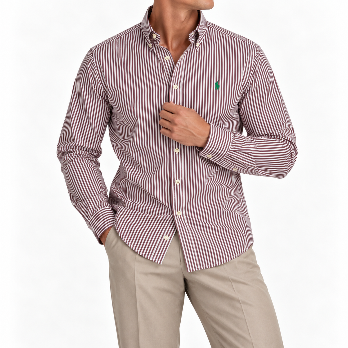 Cămașă Polo Ralph Lauren slim fit / bumbac / dungi maro / alb